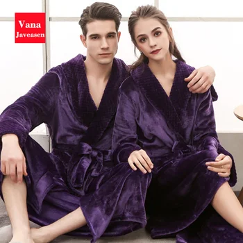 

Vana Javeasen Couple Solid Light Luxury Women Men Bathrobe Autumn And Winter Warm Home Pajamas Flannel Ankle-Length Robes 2019