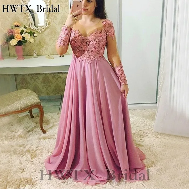 Платья для матери невесты розового цвета размера плюс, шифоновый кружевной цветок трапециевидной формы с длинным рукавом, свадебное платье, Дешевое платье для выпускного