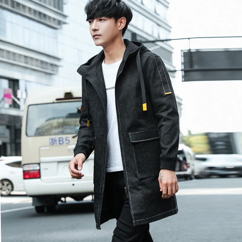 Men hooded paragraph dust coat 2019 Spring Long Denim jacket Fashion Trend Issue male  outerwear 