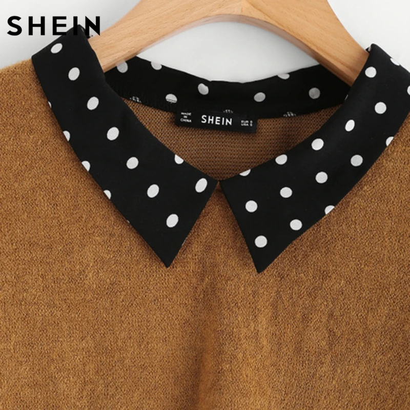 SHEIN Contrast Polka Dot Collar and Cuff Tee Brown Womens Long Sleeve Tops Autumn Lapel Color Block Casual T-shirt