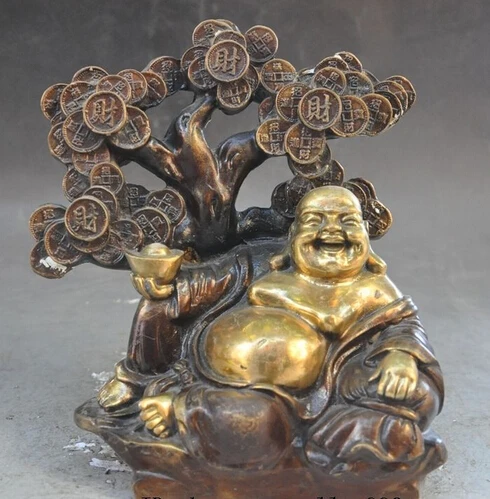 

006554 Chinese Bronze Gilt wealth yuanbao Money Tree Happy Laugh Maitreya Buddha Statue