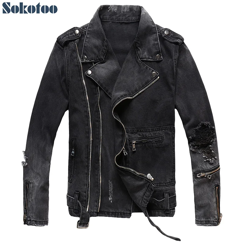 

Sokotoo Men's zippers black denim jean biker jacket for motorcycle Vintage epaulet holes ripped distressed coat