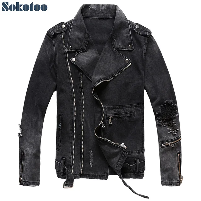 Sokotoo Men's zippers black denim jean biker jacket for