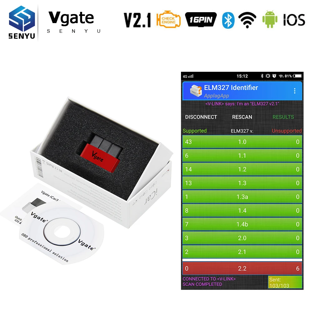 

Original Vgate iCar3 ELM 327 V2.1 OBD2 WIFI Bluetooth For Android/IOS OBD OBD2 iCar 3 Car Diagnostic Auto Tool PK ELM 327 V1.5