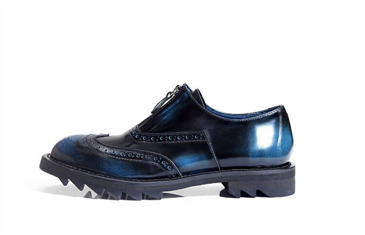 Мужская обувь в стиле ретро из натуральной кожи с круглым носком на молнии; обувь с перфорацией типа «броги»; деловые мужские модельные туфли; оксфорды на толстом каблуке