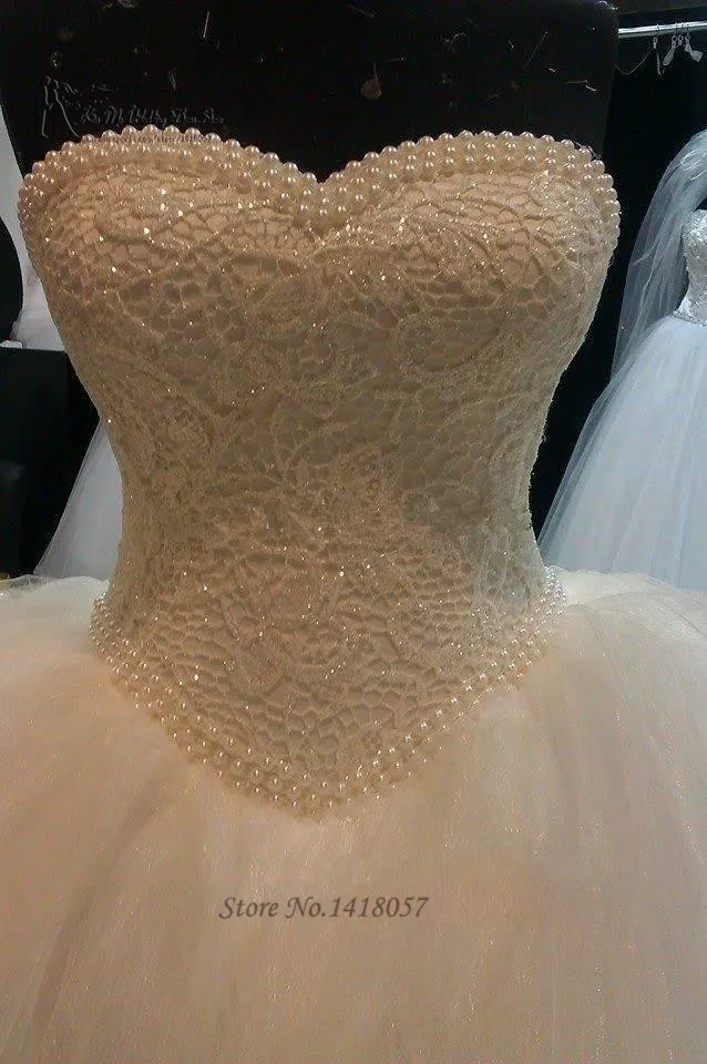 

Gorgeous Luxury Wedding Dresses 2016 Vestidos de Noivas Lace Bridal Dress Ball Gown Tulle Corset Back Pearls Custom Made