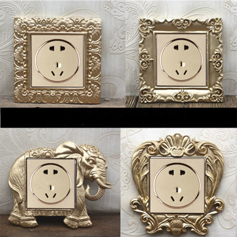 

European Light Switch Paste Resin Socket Protective Cover Gold Home Hotel Club Power Supply Decorative Frame Art Decorations