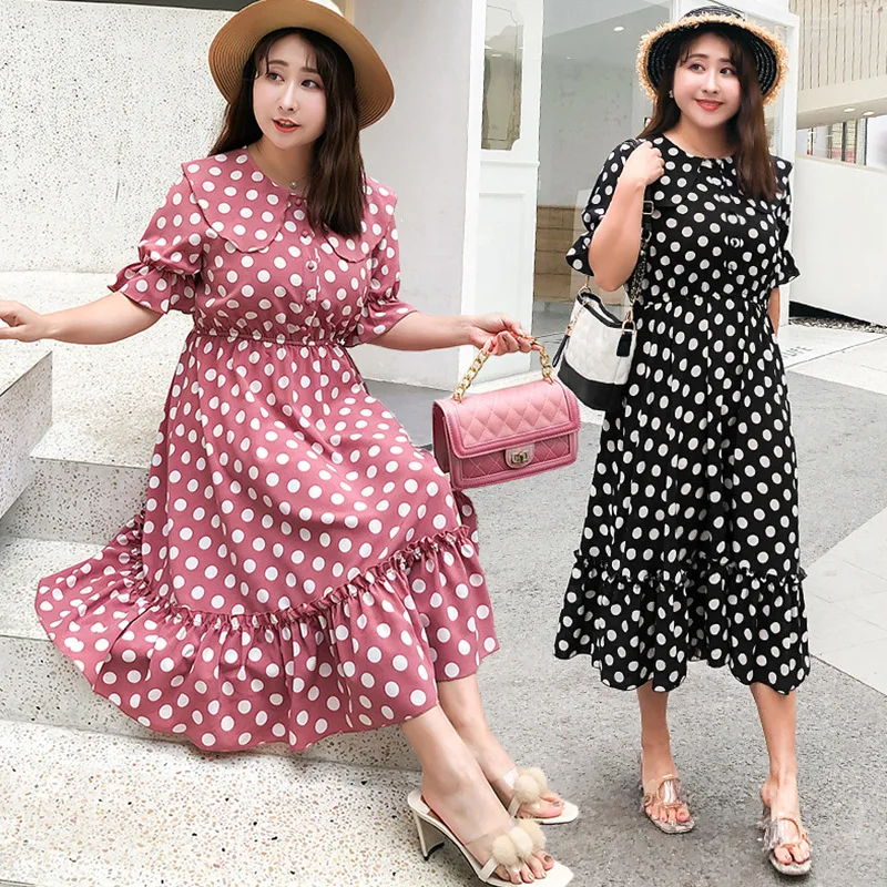 

2019 Summer New Lady Style Korean Version of the Waist Chiffon Dot Fashion Large Size Dress