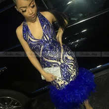 Сексуальная Холтер в стиле Русалочки без спины Королевского синего цвета, Короткие платье для выпускного вечера es со сверкающими блестками перо в африканском стиле вечерние платье для выпускного вечера для черных девочек