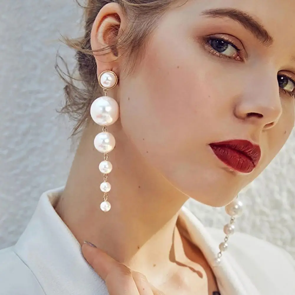 

Elegant Big Simulated Pearl Earrings String Pearls Type Long Tassel Drop Earrings Women Statement Jewelry For Wedding Party Gift