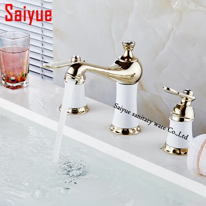 

4" Minispread Deck Mounted Dual Handle Bathroom basin sink Faucets mixer water tap 3 hole luxury gold color