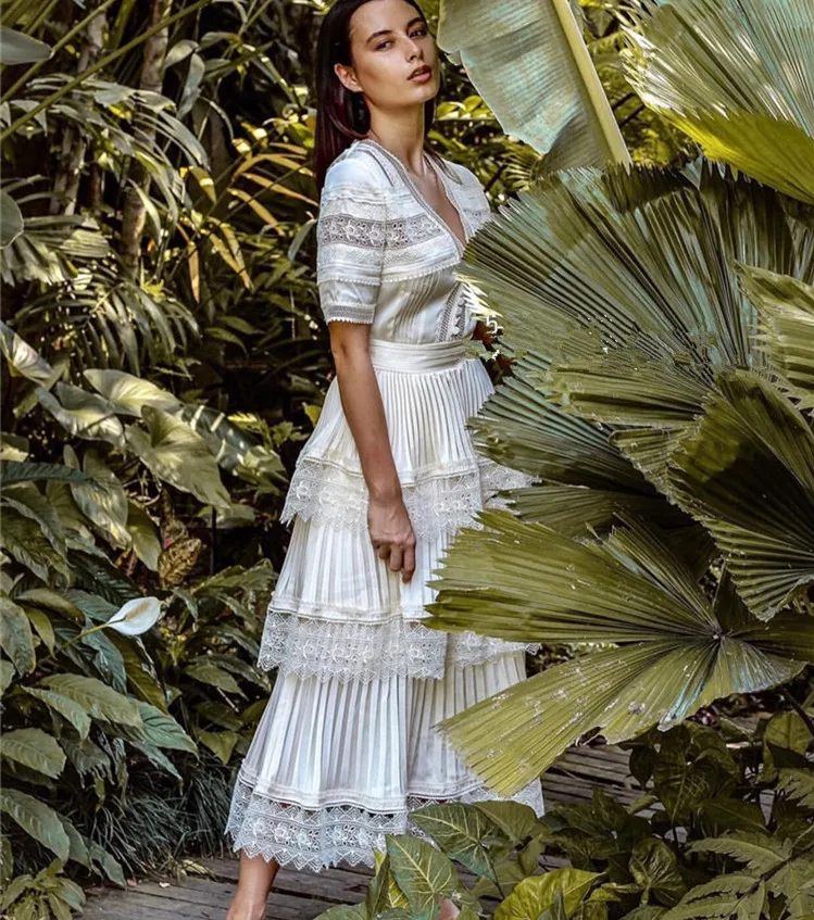 

Summer 2019 New beige Short sleeve Pleated long Cake dress deep V neck Cascading Ruffle Lace women Party dress Self portrait
