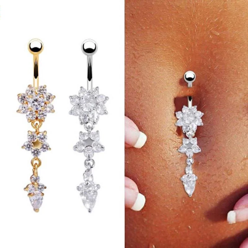 

Sexy Dangle Belly Bars Belly Button Gold Silver Rings Belly Piercing CZ Crystal Flower Body Jewelry Navel Piercing Drop Shipping