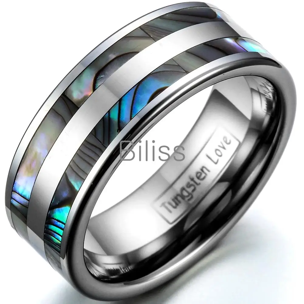 

8mm Top Quality Tungsten Carbide Ring with Double Abalone Shell Inlay for Men Engagement Wedding Bands anillos hombre