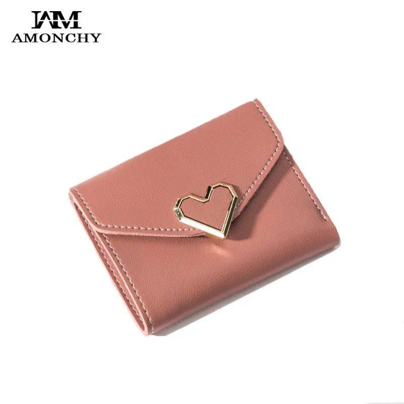 

AMONCHY Metal Heart Women's Wallets Short Folding Mini Wallet Female Practical Small Purses Clutch Hasp Coin Purse Card Holders