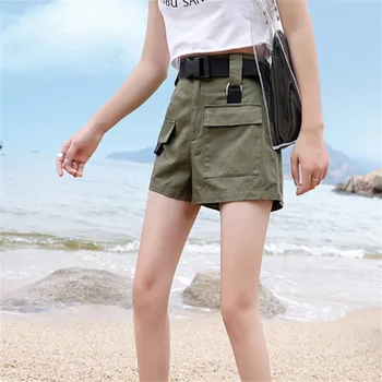 

High Waist Wide Leg Cargo Women's Shorts Vintage Sashes Solid Khaki Pocket Women Shorts 2019 Summer Fashion New Casual Clothes