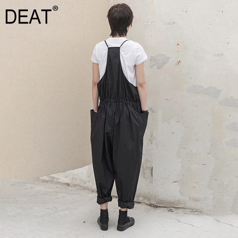 

[DEAT] 2019 New Autumn Winter High Waist Pockest Drawstring Split Joint Long Wide Leg Loose Pants Women Overalls Fashion JW53