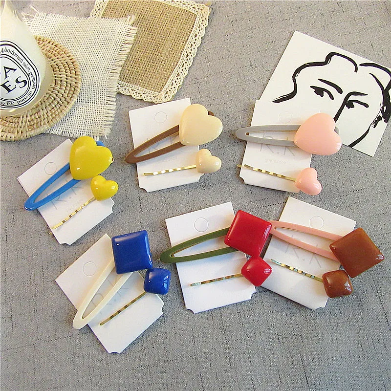 

2019 Korea Vintage Acrylic Heart Square Hair Clips For Women Fashion Hair Accessories Hollow Water Drop Hairpins 2pcs/set