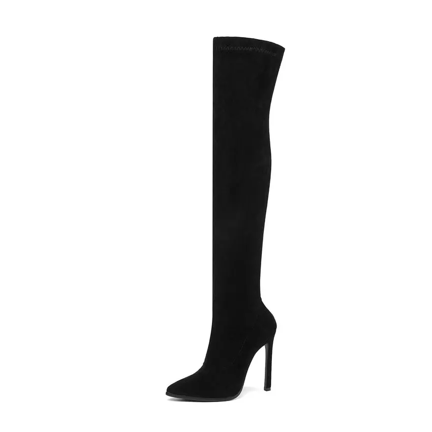 ESVEVA/ г. Сапоги выше колена, очень тонкий высокий каблук, зимние теплые женские сапоги с острым носком обувь из флока и эластичной ткани размер 34-43 - Цвет: Черный