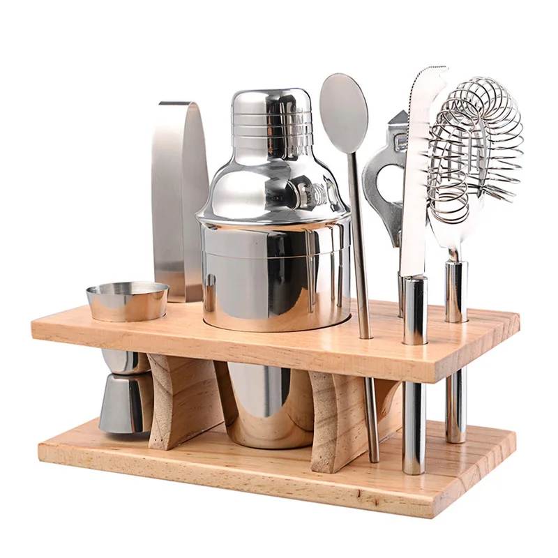 

8pcs Stainless Steel Cocktail Shaker Set Brewing Wooden Rack Shaker Mixer Bartender Tool Strainer Clip Knife Opener Barware