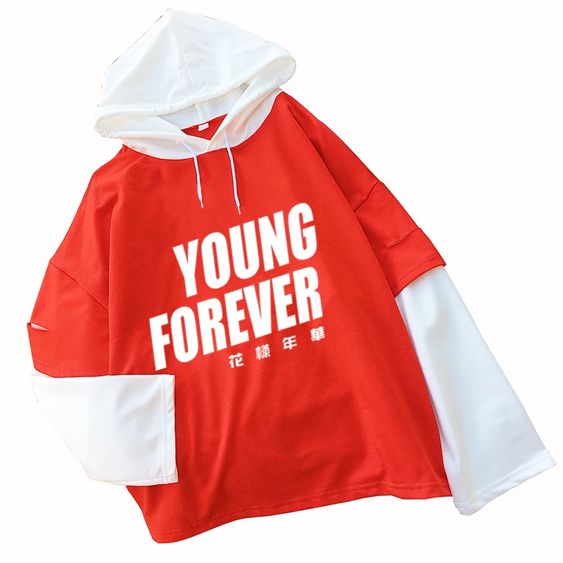 

Women's Fashion Sweatshirts Long Sleeve Letter YOUNG FOREVER Hoodies Casual Splicing Bangtan Boys Kpop Hooded Pullovers Tops