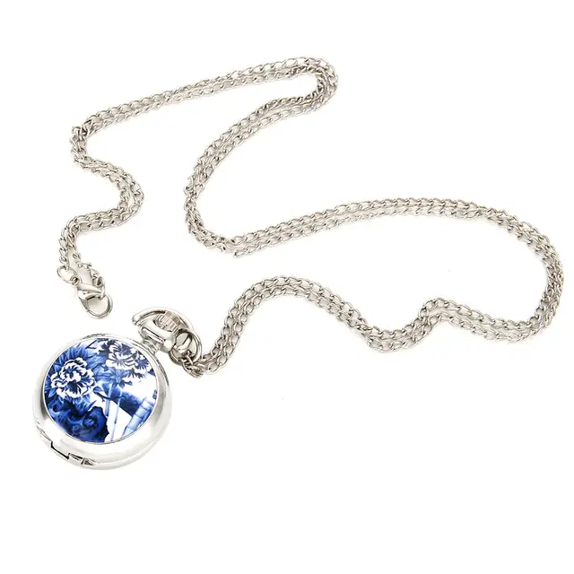 Vintage Women Quartz Pocket Watch Alloy Openable Blue Flowers Pattern Lady Sweat Vintage Women Quartz Pocket Watch Alloy Openable Blue Flowers Pattern Lady Sweat