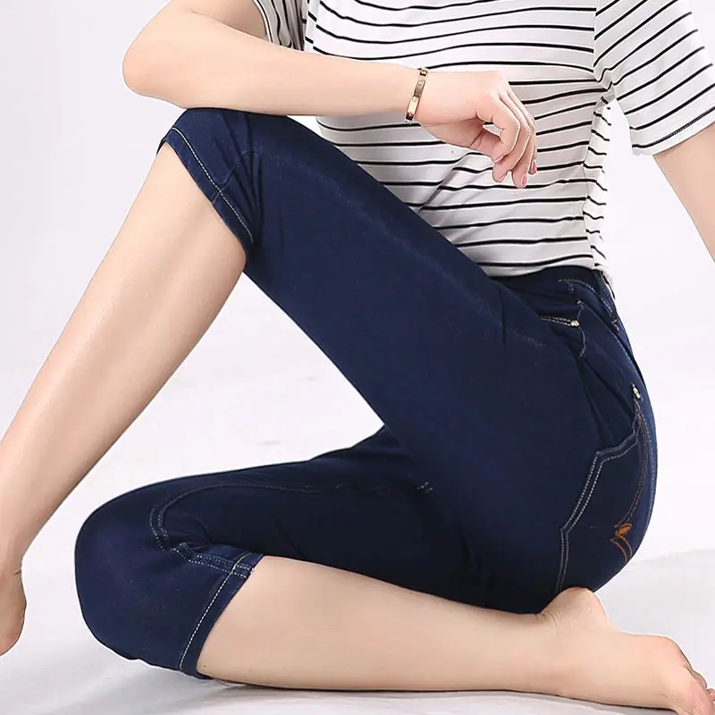 

New Women Skinny Jeans Capris Female Summer Women Stretch Waist Blue Denim Pants Knee Length Pencil Jean Plus Size