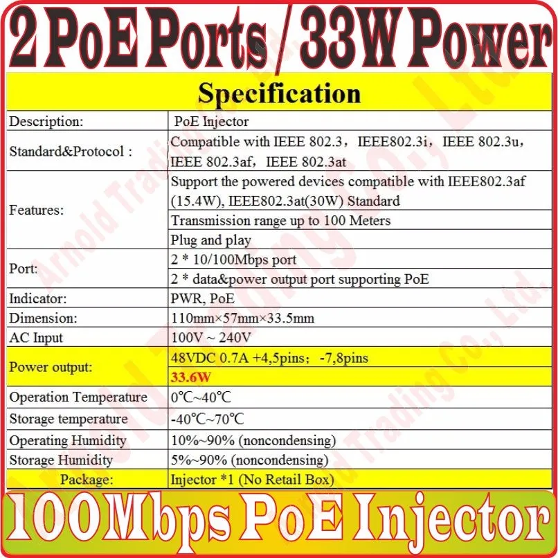 2 PoE порта 33 Вт 100 Мбит/с PoE Инжектор 2 Переключатель CH PoE со встроенным адаптером питания и DC48V выход sup порт IEEE802.3af IEEE802.3at