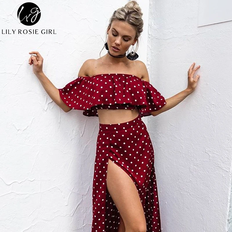 Lily Rosie Girl Women 2017 Off Shoulder Empire Dot Loose Summer Maxi Dress Slash Neck Short