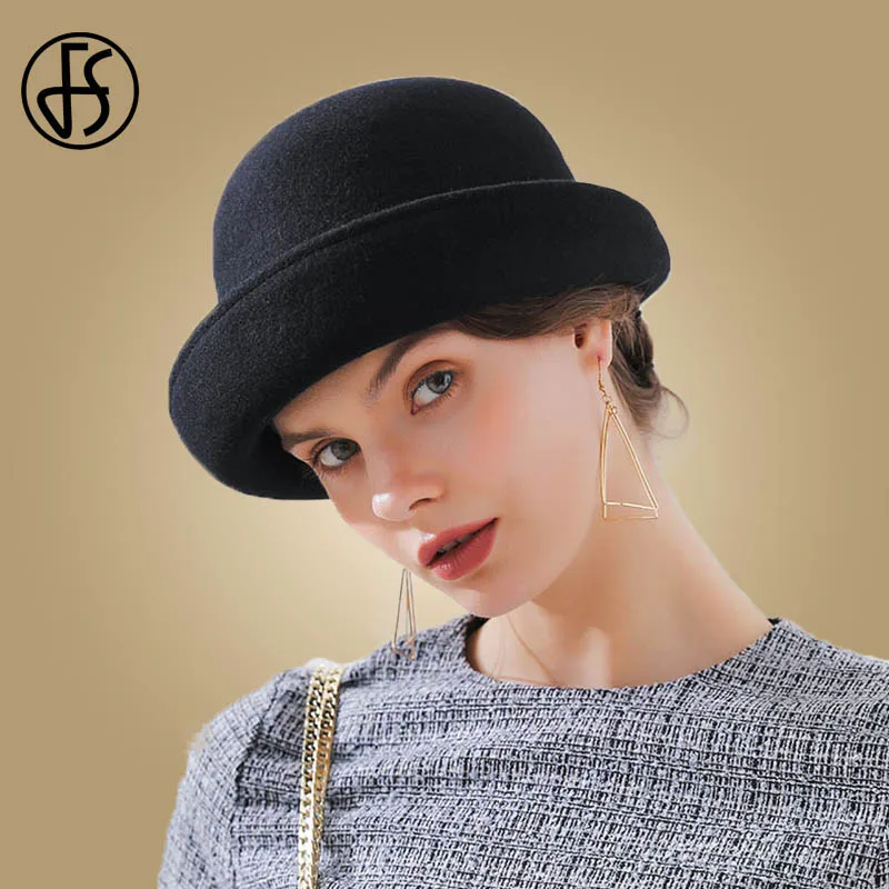 FS элегантная шерстяная фетровая шляпа с широкими полями для женщин, Цветочная дамская шляпа-котелок, черная винтажная зимняя церковная флоппи-шляпа - Цвет: Black Wool Hat