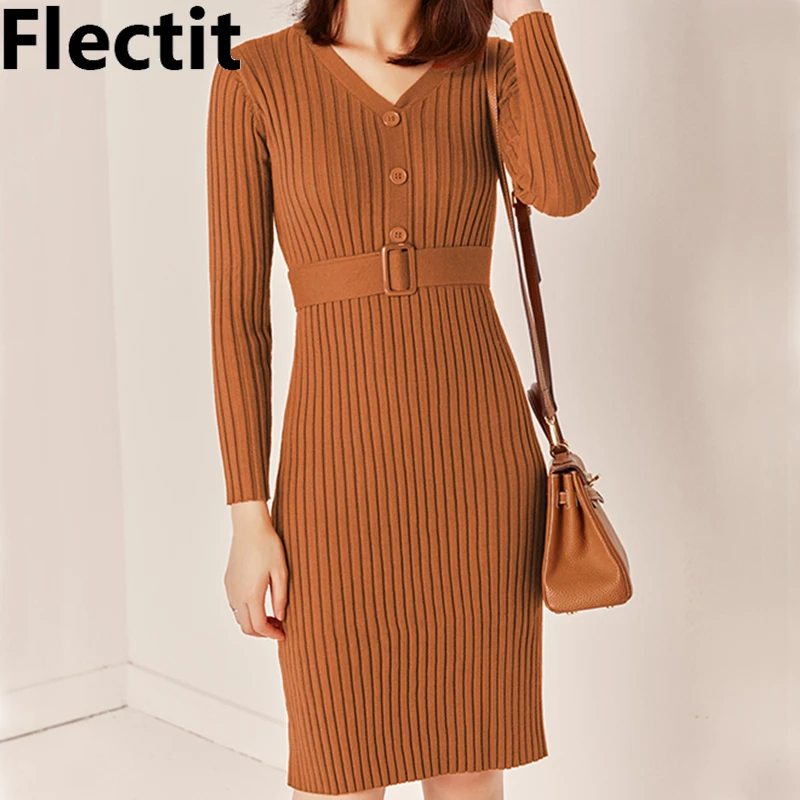 

Flectit Front Button Long Sleeve V-Neck Belted Ribbed Knit Midi Dress Women Elegant Work Wear Dress For 40-59KG