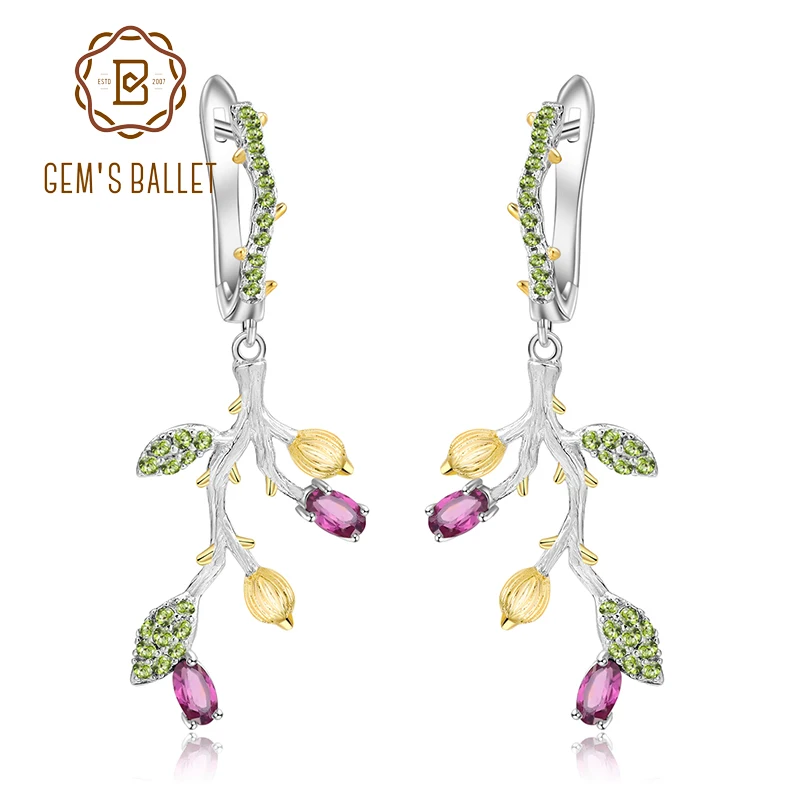 

GEM'S BALLET 1.26Ct Natural Rhodolite Garnet Earrings 925 Sterling Silver Handmade Statement Tree Drop Earrings for Women Bijoux