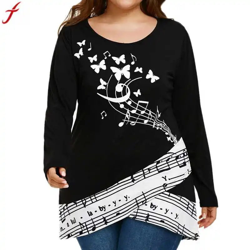 

Plus Size 5XL Butterfly Musical Note Blouse Shirt Women Long Sleeve shirt Tops Blouse Round Neck Tunic Tops Loose Blusas
