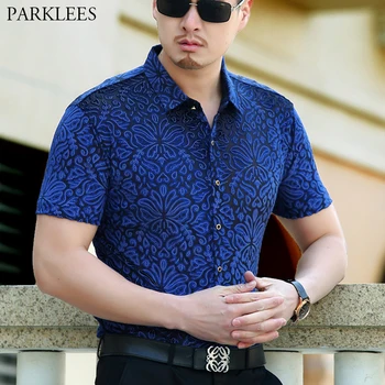 

Floral Jacquard See Through Dress Shirt Men 2019 New Sexy Slim Fit Transparent Clubwear Dress Shirt Male Party Event Lace Chemis