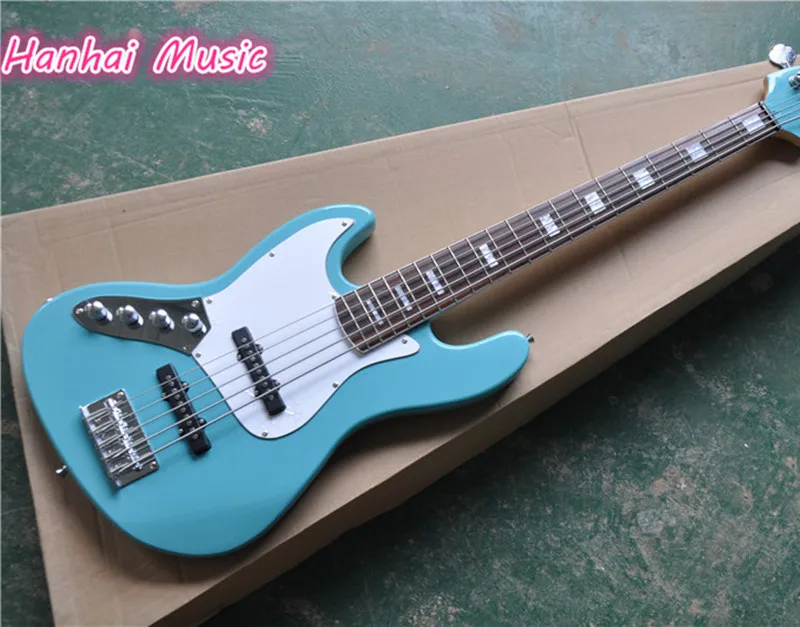 

5-String Left-hand Electric Bass with Blue Color Body,White Pickgaurd.Active Circuit,Maple Neck and can be Customized
