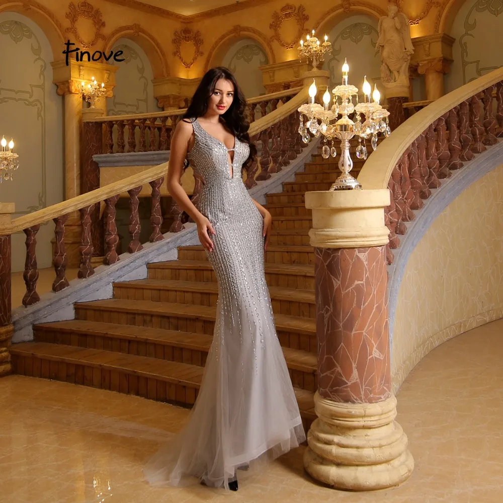 

Finove Evening Dress 2019 Sexy Grey Color Mermaid Beading Gown Chic Straps Cross Design Floor Length For Prom Woman Dress