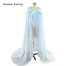 Винтаж голубой Длинные Цветы с капюшоном Свадебные Накидки шифон Кружево Свадебные палантины в сказке Vestidos Свадебные Платки B264
