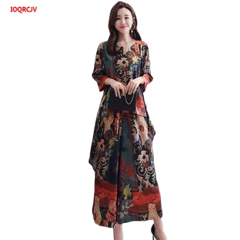 

2019 Spring Autumn Chiffon Printing Long Coat + Wide Leg Pants Suit Large Size Loose National Wind Two-piece Dress Female W562