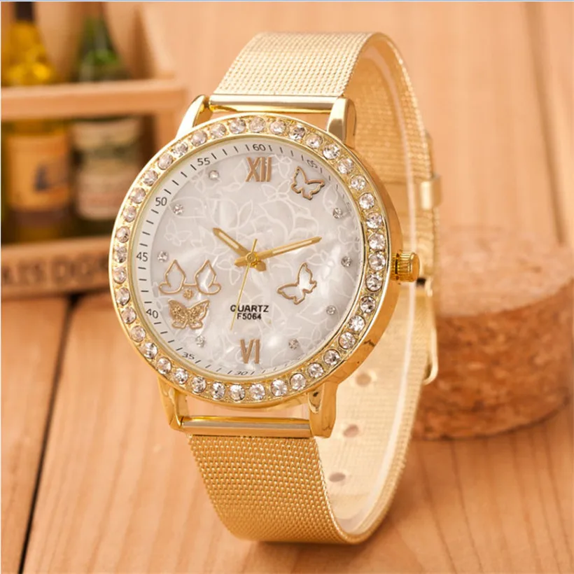 

2017 New Women's Watches Ladies Crystal Butterfly Gold plated Stainless Steel Band Wrist Quartz Watch women relogio feminino