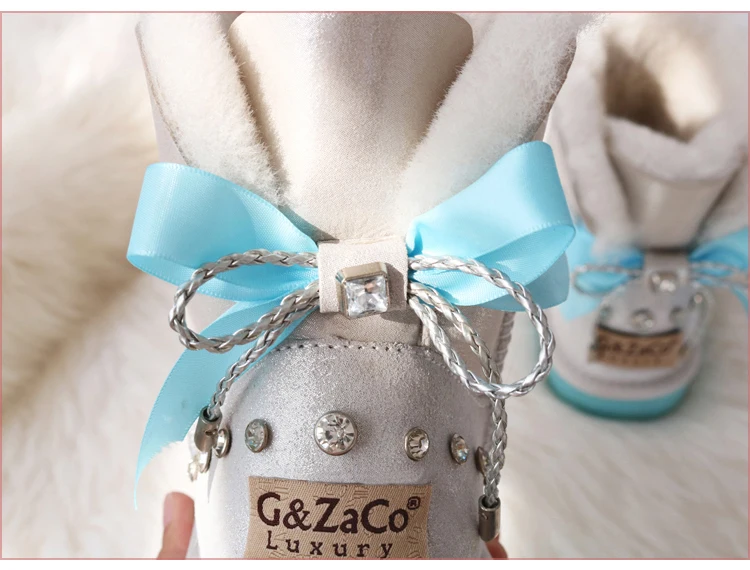 G& Zaco/роскошные ботинки из овечьей кожи; милые зимние ботинки со стразами и бантом; короткие зимние ботинки на плоской подошве из натуральной шерсти; женские ботильоны из натуральной кожи
