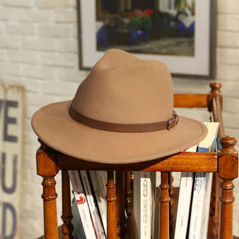 

100% Wool Felt Jazz Hat for Women Wild Brim Panama Fedoras with Metal Decoration Casual Solid Color Chapeau Femme B-7874