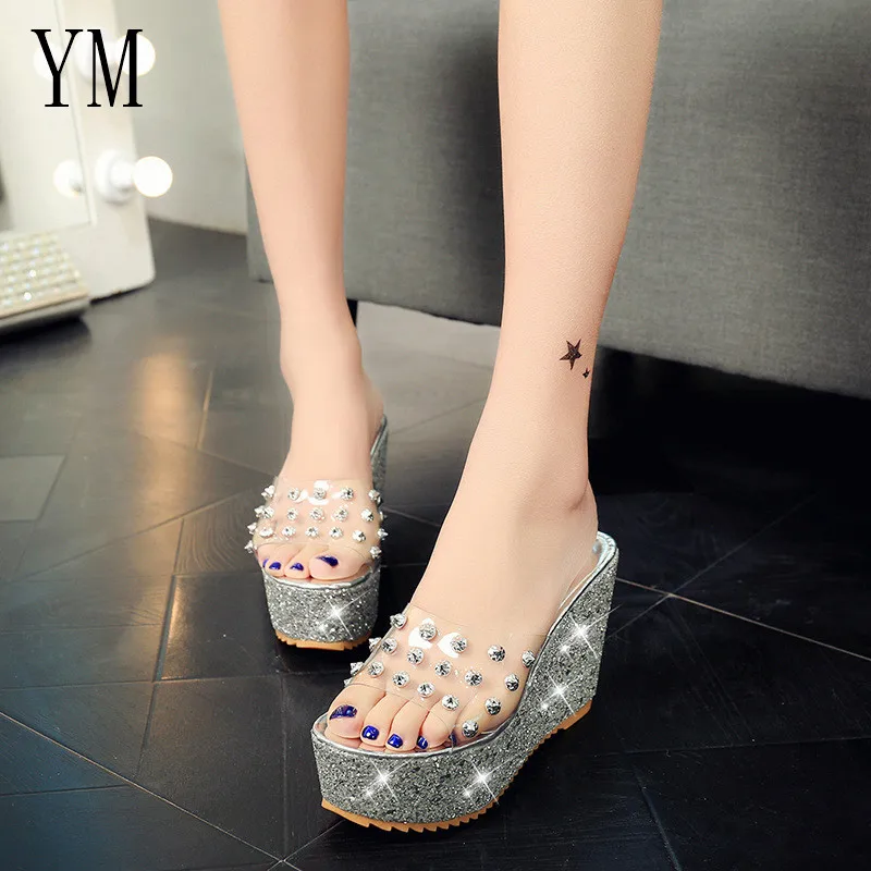 019 Sexy PVC Women Wedge Heel Heels Platform Sandals Summer Slippers Thick Heel Slippers Slides Ladies Shoes Zapatos Mujer 35-39