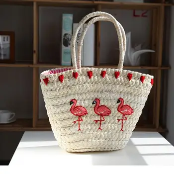 

Red Flamingo Design Embroidery Straw Braided Bag Natural Fashion Flamingo Holiday Woven Beach Sling Tote Bag For Women