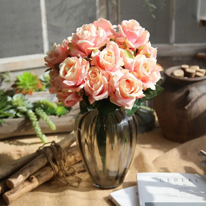 

Silk Open Rose Bush 7 Artificial Silk Flowers 17" Valentine Bouquet Home Furnishing background wall decoration Free Shipping