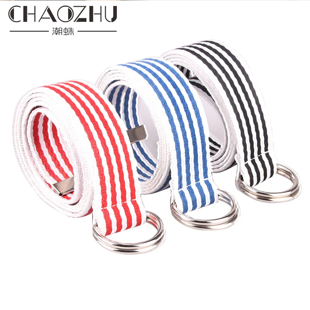 

Korea Fashion Canvas Striped Black Red Navy Double Round Buckle Grunge Long Belt Hip hop Waist Belt For Women Men Girls Boys