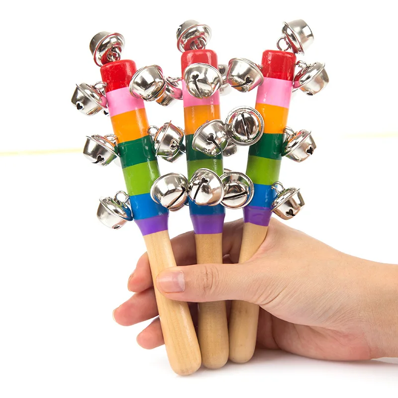 Детский колокольчик Игрушка деревянная палка Радуга руки трясти колокольчик погремушки шейкер для малышей 0-12 месяцев раннего образования