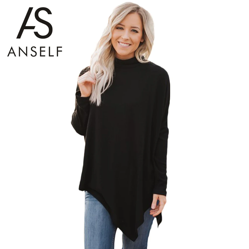

New Fashion Winter Women High Neck Sweater Irregular Hem Batwing Long Sleeve Loose Knitwear Pullover Black/White/Grey/Coffee