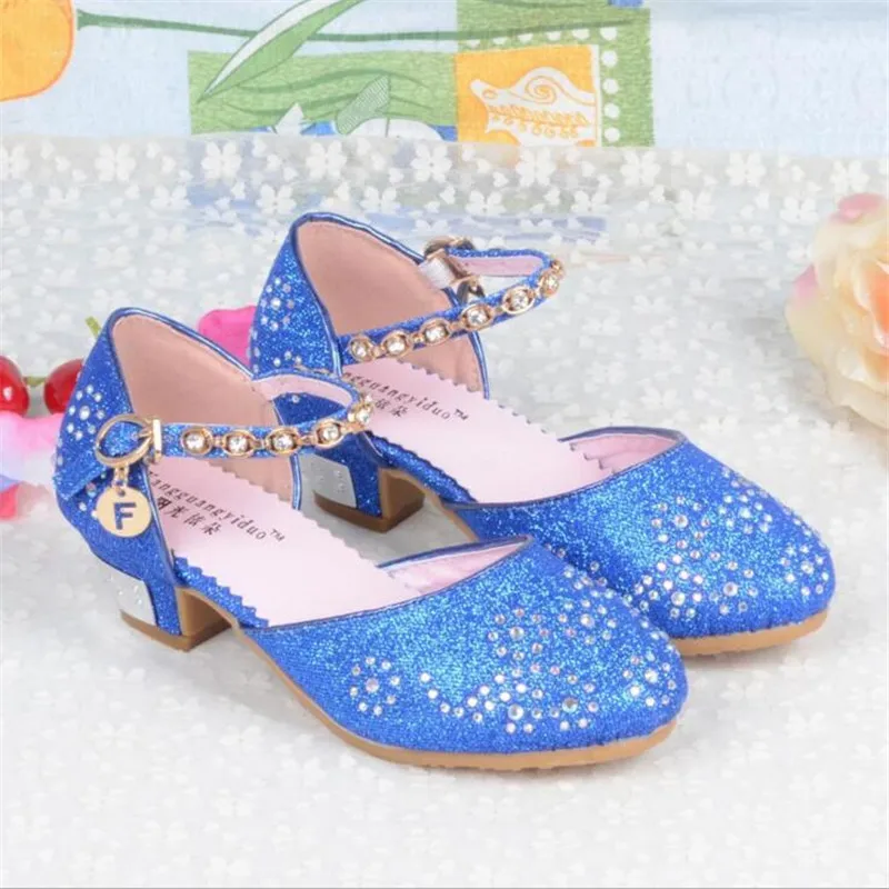 Children Glitter Hot drilling PU Shoes Girls dance Shoes Square high