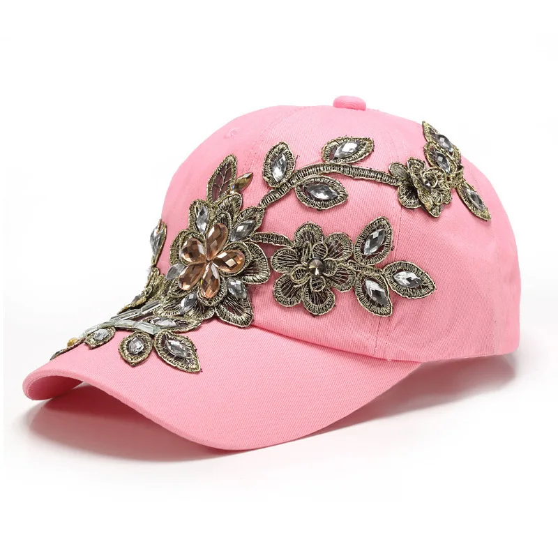 

High Quality Vintage Luxury Rhinestones Woman Cowboy Baseball Cap Flower Pattern Gorras Female High Quality Glass Diamond Hat