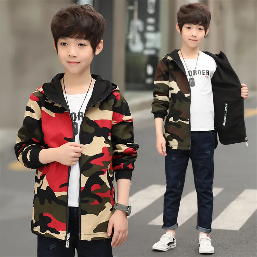 

3-12 y children boys trench coat for kids camouflage long jackets for boy hooded overcoat two side wears 2019 spring clothing
